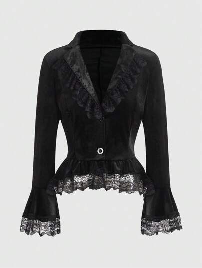 Goth Blazer En Dentelle À Manche Évasée À Volants En Velours