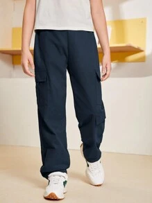 SHEIN Casual Loose Fit Cargo Pants For Tween Boys - Navy Blue - View 5