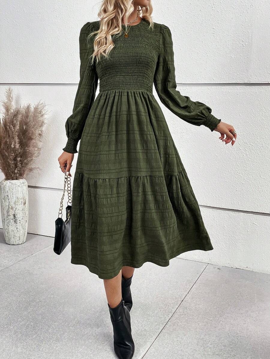 SHEIN Unity Vestido acampanado con dobladillo con volantes lisos - Verde - Ver 1