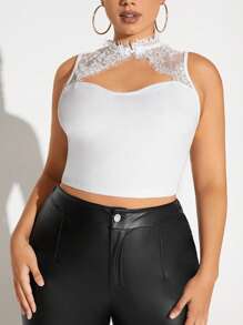SHEIN SXY 大碼睫毛蕾絲邊前鏤空短款背心 - 白色 - 查看 4