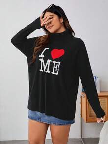 SHEIN EZwear 大碼心&字母圖案高領落肩袖套頭毛衣 - 黑色 - 查看 5