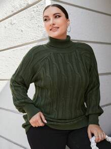 RueChic Plus Turtleneck Raglan Sleeve Cable Knit Sweater - Green - View 5