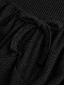 SHEIN 青少年女孩前繫帶胸部褶皺手帕下擺T恤 - 黑色 - 查看 3