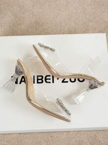 Women's Rhinestone Decorated Vacation High Heel Pumps, New 2023 Crystal Heeled Pointed Toe Shoes With Bowknot, Glitter Sexy Club Party Wedding Shoes - Gold - View 6