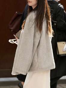 Solid Drop Shoulder Open Front Fuzzy Coat - Grey - View 2