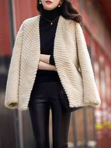 純色束帶絨毛大衣 - 白色 - 查看 6