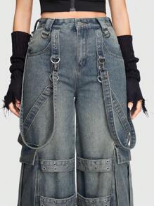 ROMWE Grunge Punk 带盖口袋阔腿牛仔裤（无腰带）学校款 - 霧霾藍 - 查看 4