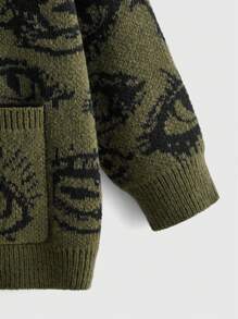 ROMWE Grunge Punk Eye Pattern Drop Shoulder Cardigan, School,Long Sleeve Tops - Army Green - View 3