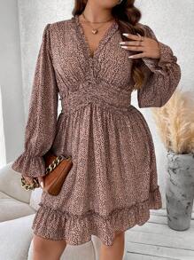 Franclia Plus Dalmatian Print Flounce Sleeve Ruffle Hem Dress