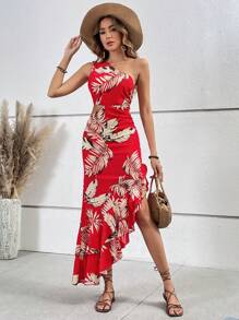 SHEIN VCAY Tropical Print One Shoulder Cut Out Ruffle Asymmetrical Hem Dress - Red - View 3