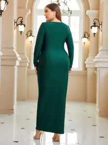 SHEIN Belle 大碼前收褶高衩洋裝 - 水鴨藍 - 查看 5