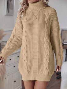 EMERY ROSE Turtleneck Cable Knit Drop Shoulder Sweater Dress Fall Winter Cloth For Women - Apricot - View 4