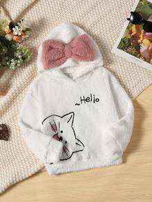 SHEIN Young Girl Cartoon & Letter Embroidery Bow Hooded Teddy Sweatshirt - White - View 4