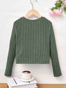 SHEIN Leap Crew 少女實色休閒長袖圓領扭結下擺t恤,適合春秋穿著 - 軍綠色 - 查看 2