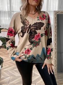 EMERY ROSE Plus Butterfly & Floral Pattern Drop Shoulder Sweater - Apricot - View 5