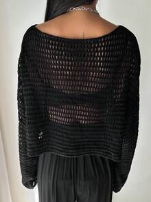 DAZY Áo len dệt kim Pointelle thả vai rắn chắc - màu đen - Xem 2