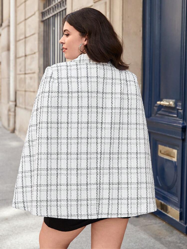 Plus Plaid Print Cloak Sleeve Double Breasted Overcoat