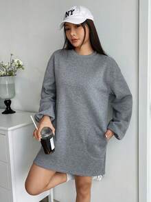 SHEIN EZwear Chất rắn Thả vai Đầm nỉ - Xám - Xem 4