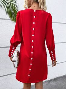 EMERY ROSE Button Back Gigot Sleeve Tunic Dress For New Year Clothes - Red - View 4