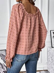 SHEIN LUNE Swiss Dot Flounce Sleeve Frill Trim Blouse