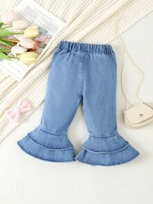 Baby Girl Ripped Ruffle Hem Flare Leg Jeans - Medium Wash - View 2