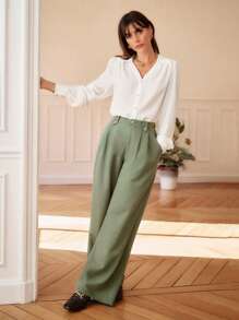 SHEIN Frenchy 素色闊腿褲 - 綠色 - 查看 3