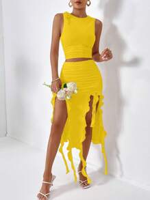 SHEIN Privé 素色背心上衣&荷葉邊不對稱下擺半身裙 - 黃色 - 查看 6