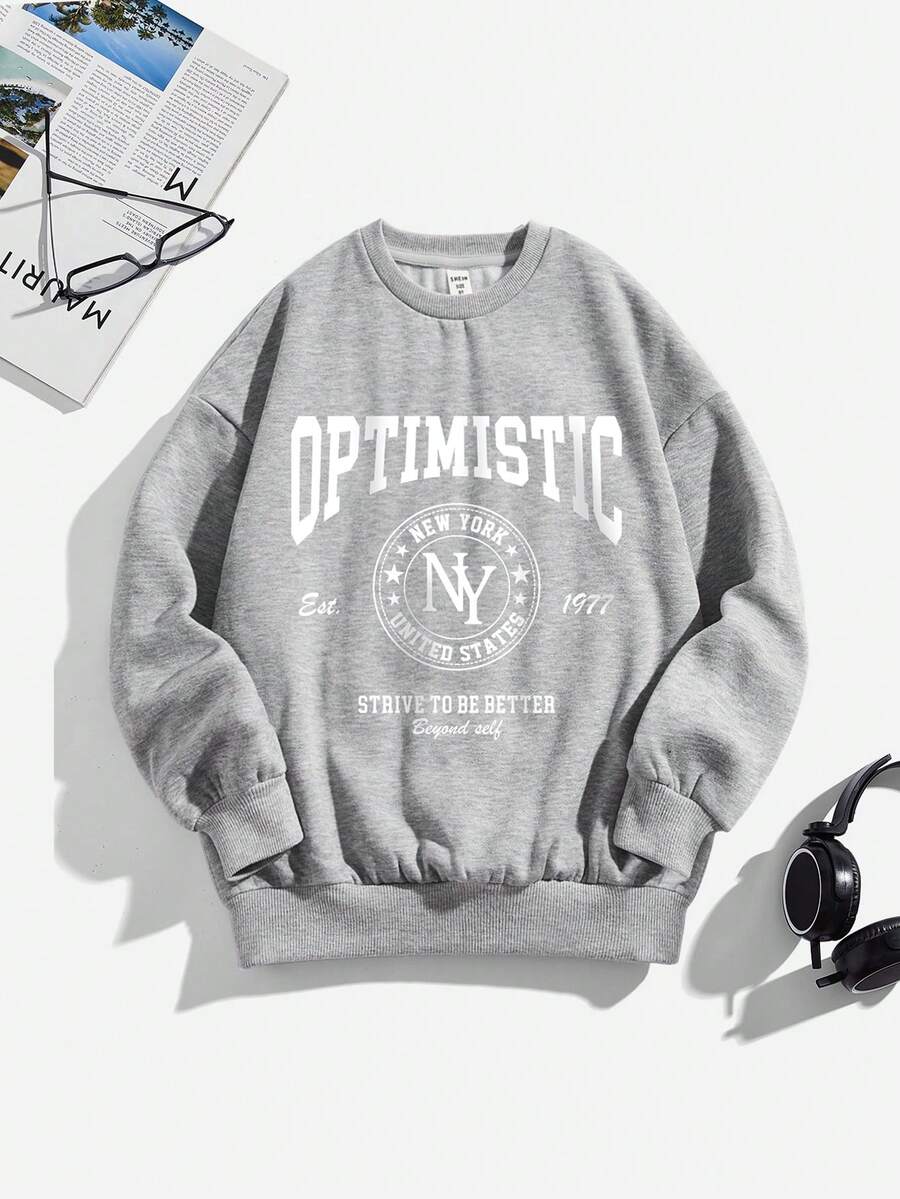 青少年女孩休闲简约卡通图案卫衣，适合秋冬季 - 灰色 - 查看 1