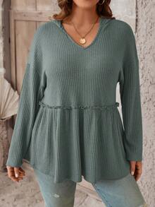 SHEIN LUNE 大碼落肩袖連帽荷葉邊下擺T恤 - 墨綠色 - 查看 6