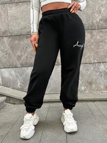 RueChic Plus Letter Graphic Sweatpants - Black - View 3