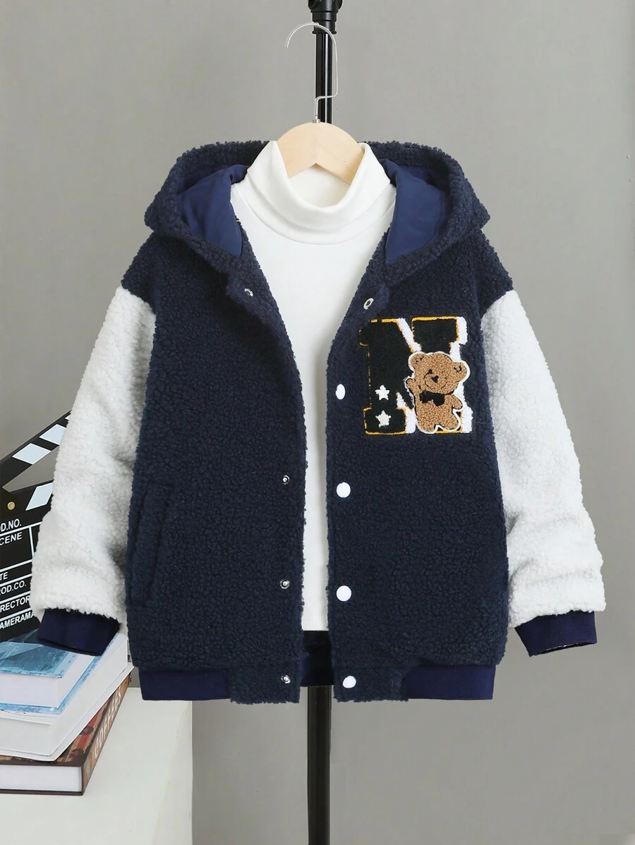 SHEIN Tween Boy Bear Embroidery Hooded Teddy Jacket Without Sweatshirt - Navy Blue - View 1