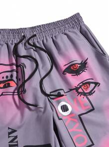 ROMWE MEN Anime 男士卡通和字母圖形束腰運動長褲 - 深灰色 - 查看 3