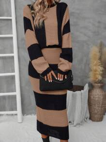 EMERY ROSE 雙色落肩袖毛衣和針織裙 - 卡其色 - 查看 1