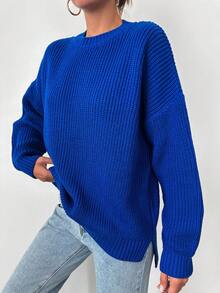 EURMUSE Chất rắn Thả vai Đồ đan Ribbed Thả vai Áo len - Màu xanh lam - Xem 4