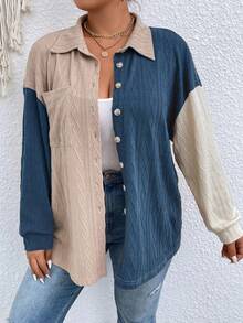 Calvaya 大碼撞色落肩袖口袋貼布襯衫 - 彩色 - 查看 3