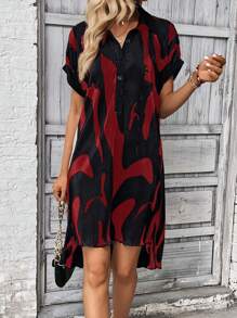 SHEIN LUNE Graphic Print Batwing Sleeve High Low Hem Shirt Dress - Rose Red - View 3