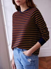 SHEIN Frenchy Striped Raglan Sleeve Tee Winter Brown Casual - Brown - View 3