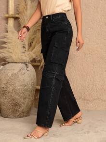 SHEIN LUNE High Waist Flap Pocket Side Cargo Jeans - Black - View 4