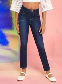 青少年女孩彈性腰牛仔褲 - 深色水洗藍 - 查看 3