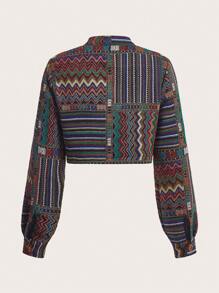 SHEIN MOD Geo Print Lantern Sleeve Crop Jacket - Multicolor - View 2