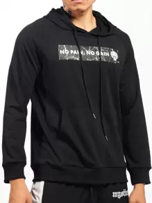 Manfinity Sport Corelite 男士标语图案插肩袖袋鼠口袋抽绳运动卫衣 - 黑色 - 查看 4