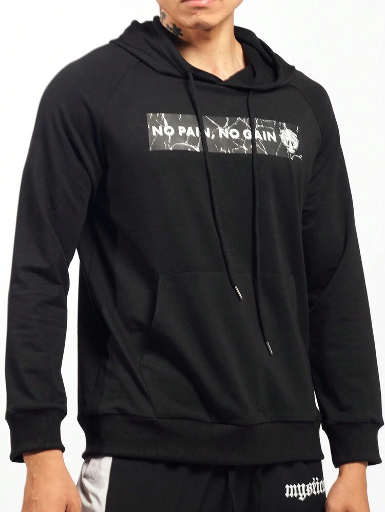 Men Slogan Graphic Raglan Sleeve Kangaroo Pocket Drawstring Sports Sweatshirt Men Sweatshirt