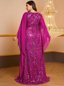 YISIKADO 大碼亮片拼接斗篷袖舞會洋裝 - 玫紅色 - 查看 2