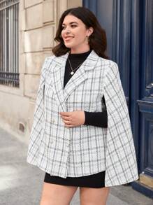 SHEIN Privé Talla grande Abrigo con estampado de cuadros de manga capa de doble botonadura - Blanco y Negro - Ver 4