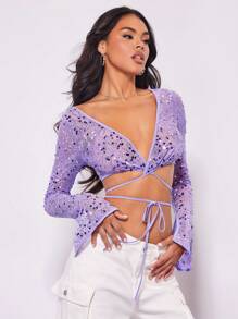 SHEIN BAE 聖誕十字交叉繫帶前開衩袖亮片短上衣 - 紫色 - 查看 4
