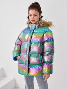 Teen Girls' Colorful Coating Long Thick Hooded Coat With Detachable Collar,In Fall/Winter - Multicolor - View 6