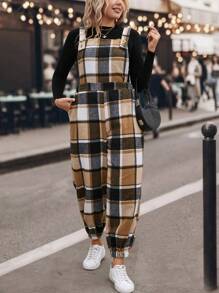 SHEIN LUNE Plus Plaid Print Slant Pocket Overall Jumpsuit Without Tee - Khaki - View 1