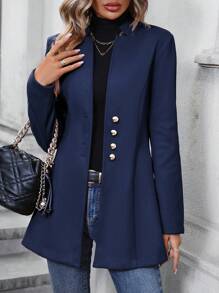 SHEIN Clasi Solid Button Detail Open Front Overcoat - Navy Blue - View 3