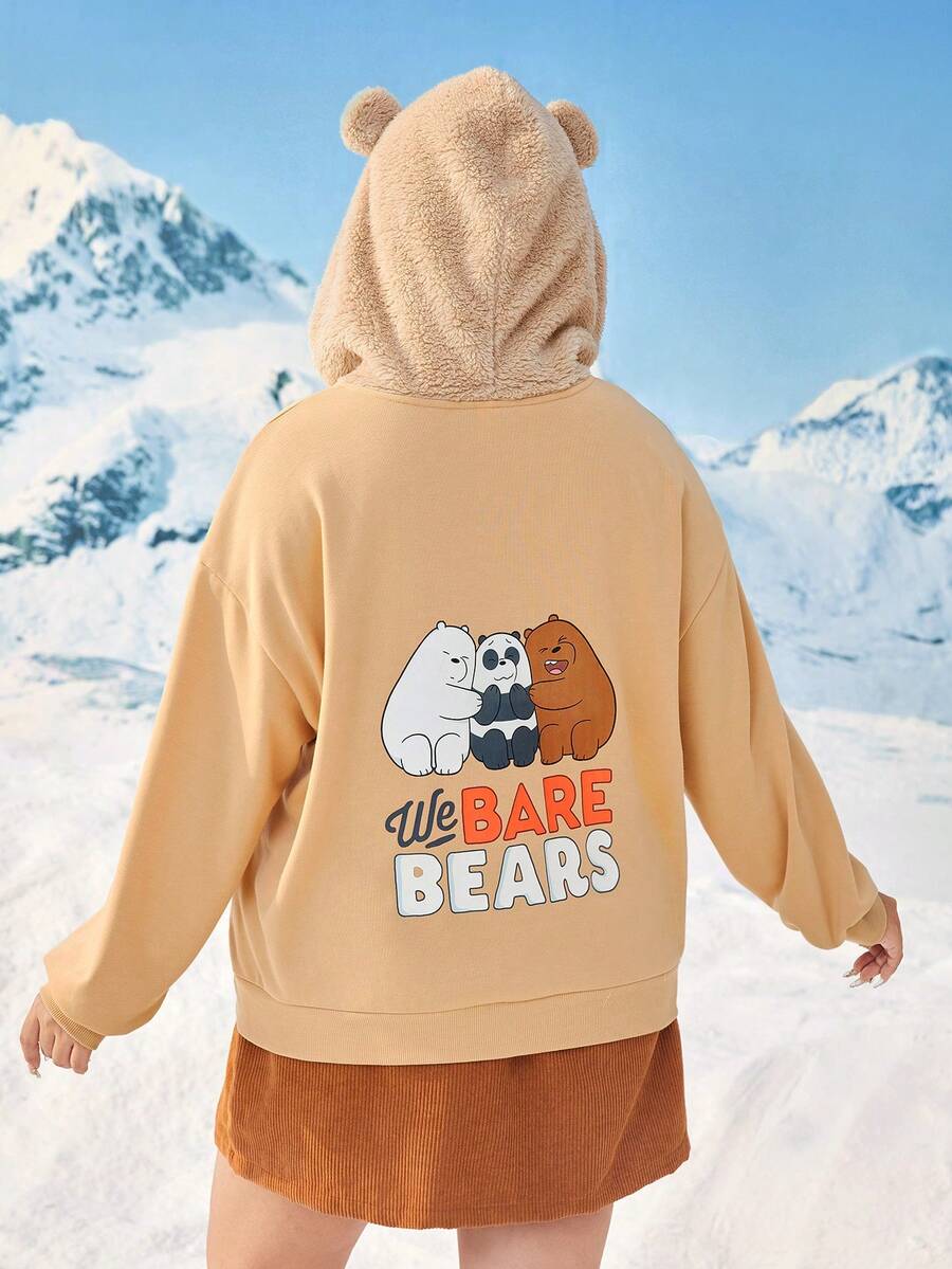 We Bare Bears X SHEIN 加大码卡通字母图案落肩卫衣 - 卡其色 - 查看 1