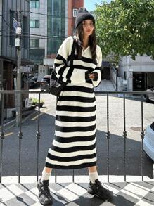 DAZY Vestido de suéter con hombros caídos y estampado de rayas, ropa de mujer de otoño - Blanco y Negro - Ver 1